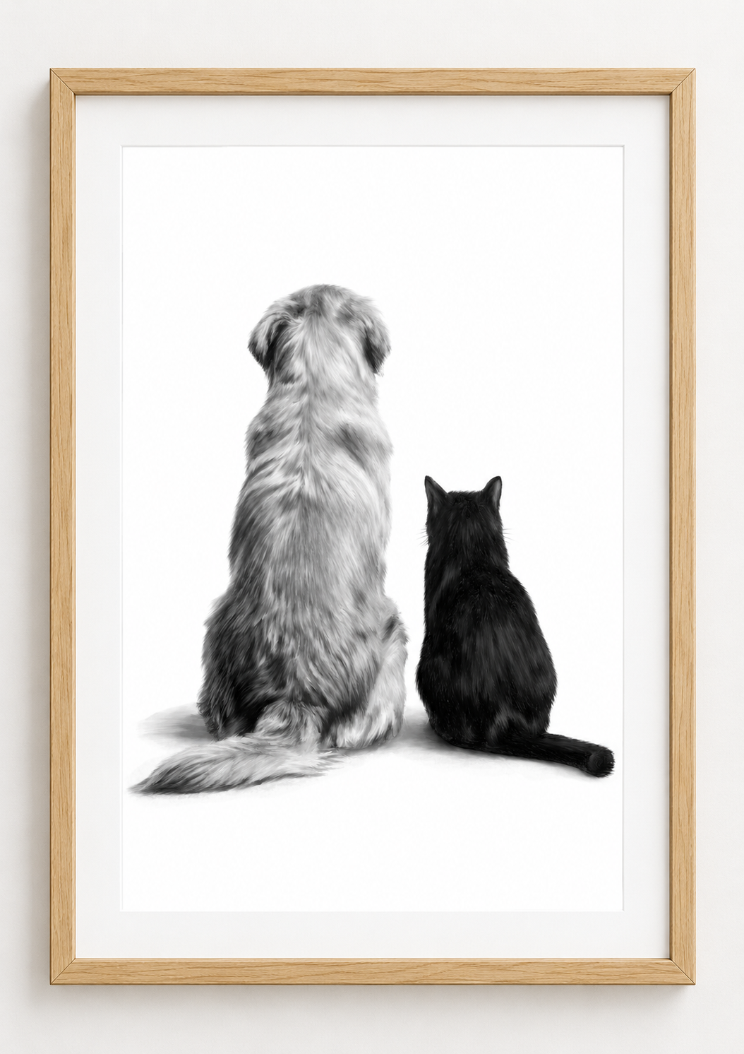 Dog and Cat Friends Fine Art Print — rectangular A4/A3 oak frame mockup