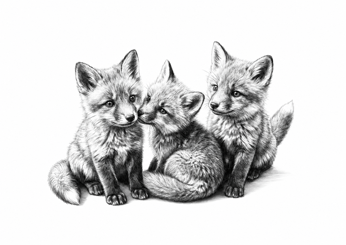 Three Fox Cubs Fine Art Print — rectangular A4/A3 print artwork