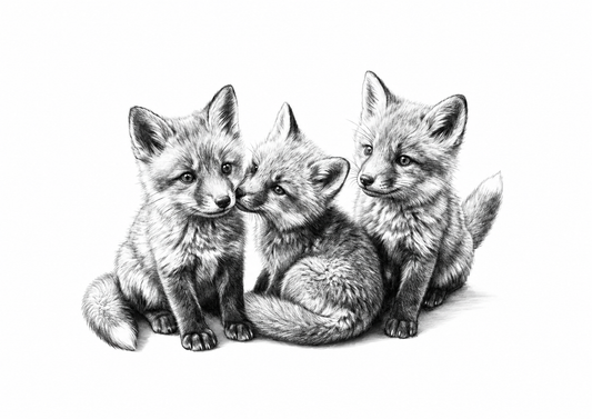 Three Fox Cubs Fine Art Print — rectangular A4/A3 print artwork