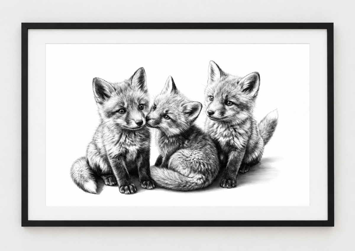 Three Fox Cubs Fine Art Print — rectangular A4/A3 black frame mockup