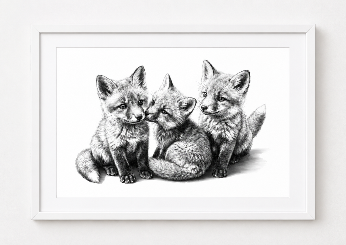 Three Fox Cubs Fine Art Print — rectangular A4/A3 white frame mockup