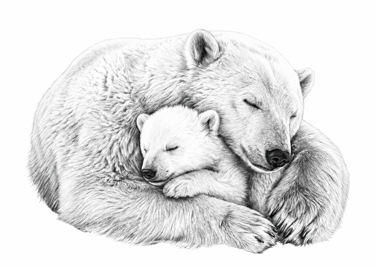 Polar Bear and Cub Fine Art Print — rectangular A4/A3 print artwork