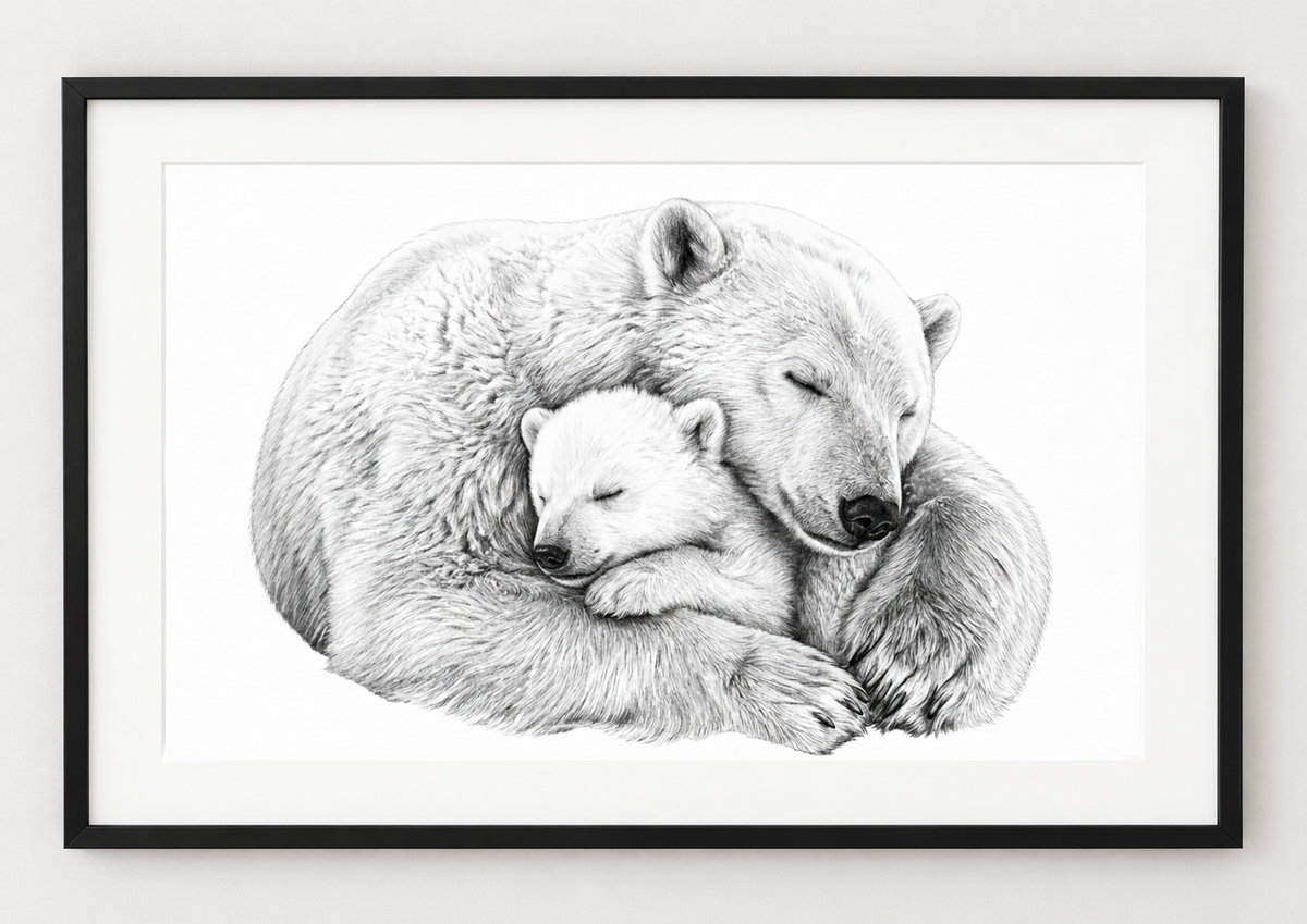 Polar Bear and Cub Fine Art Print — rectangular A4/A3 black frame mockup