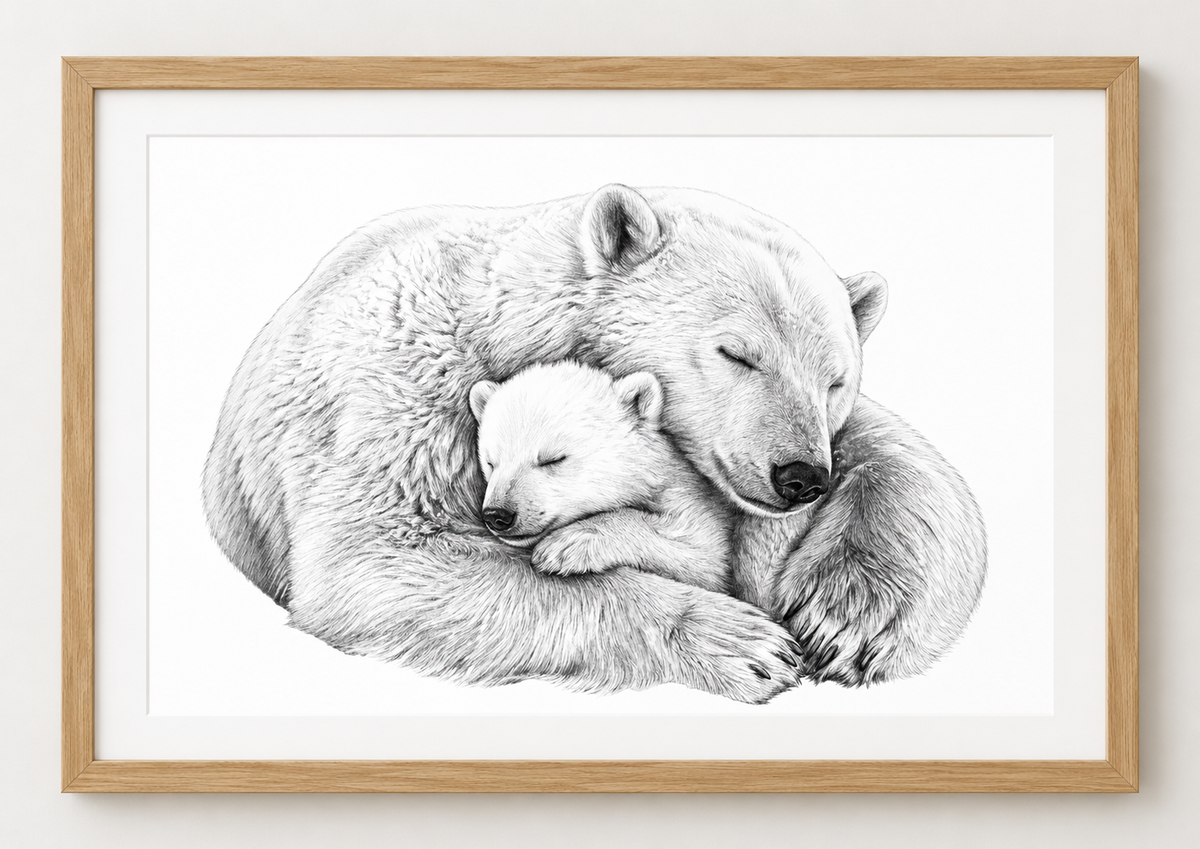 Polar Bear and Cub Fine Art Print — rectangular A4/A3 oak frame mockup