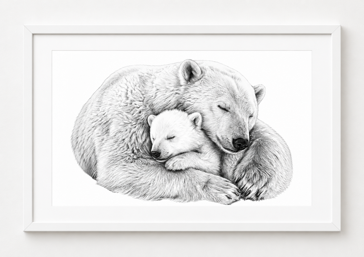 Polar Bear and Cub Fine Art Print — rectangular A4/A3 white frame mockup