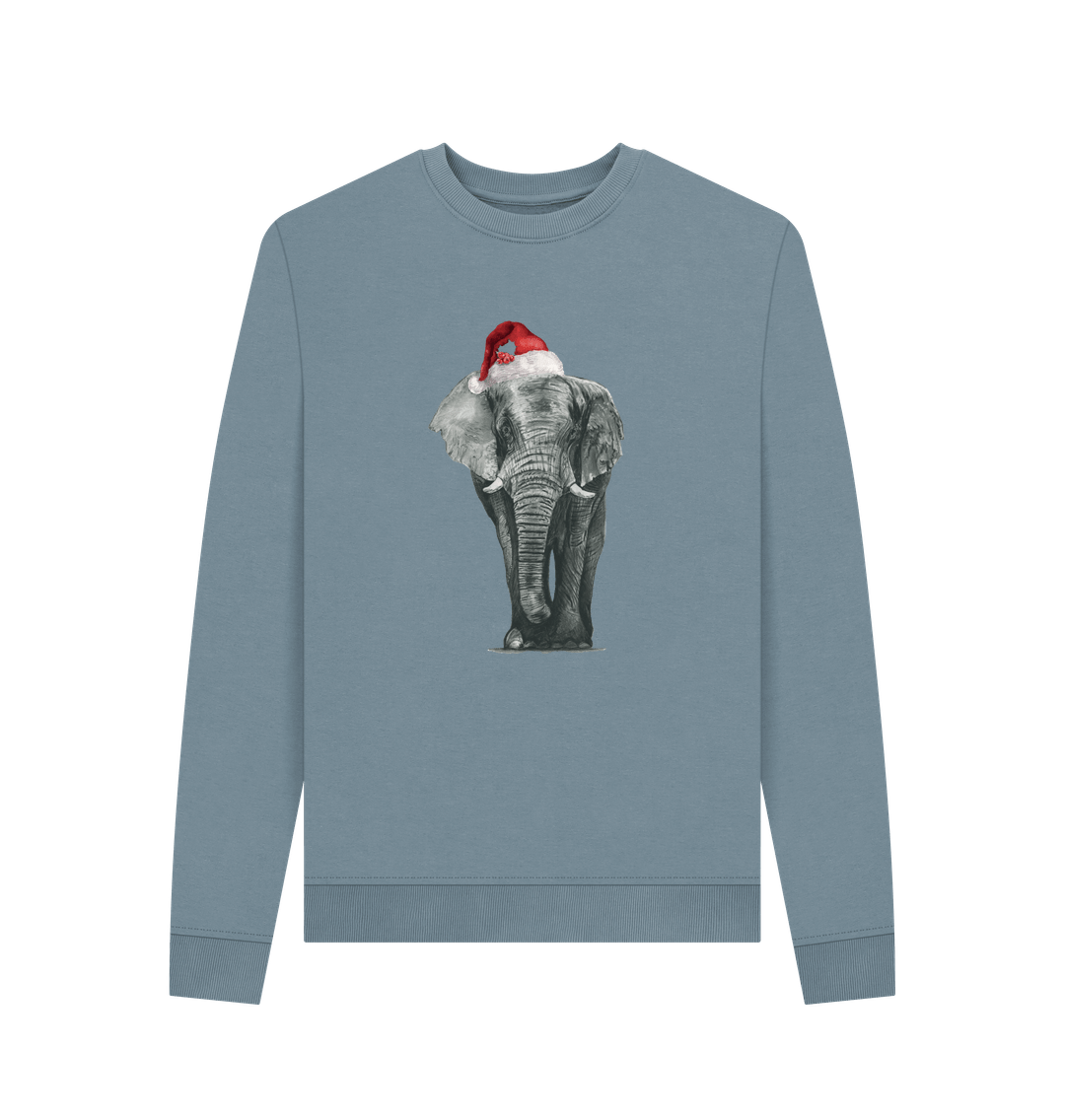 Stone Blue Women's Crew Neck Festive Elephant Sweater Certified Organic Cotton