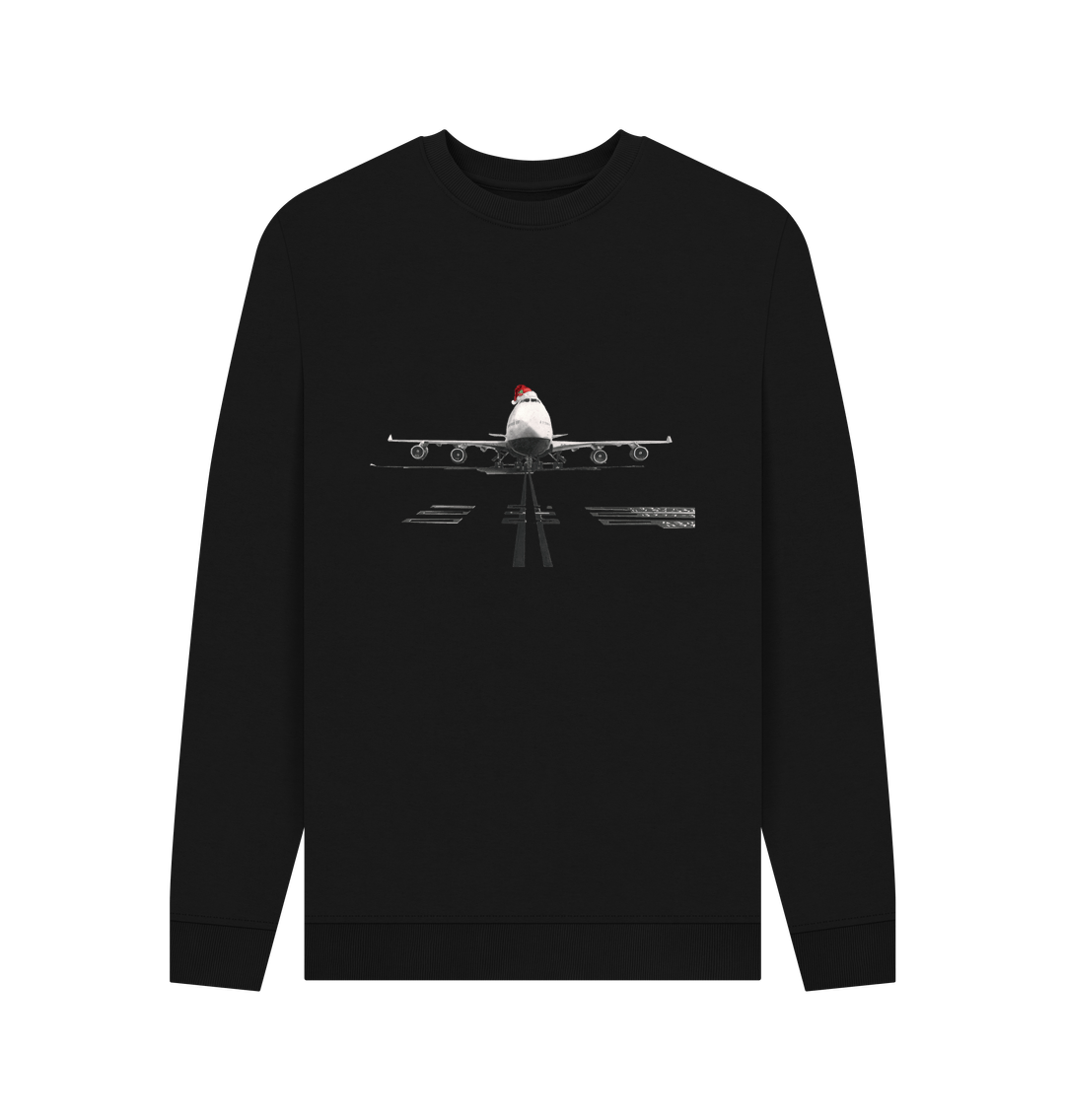 Black Men's Crew Neck Festive 747 Aircraft Sweater Certified Organic Cotton