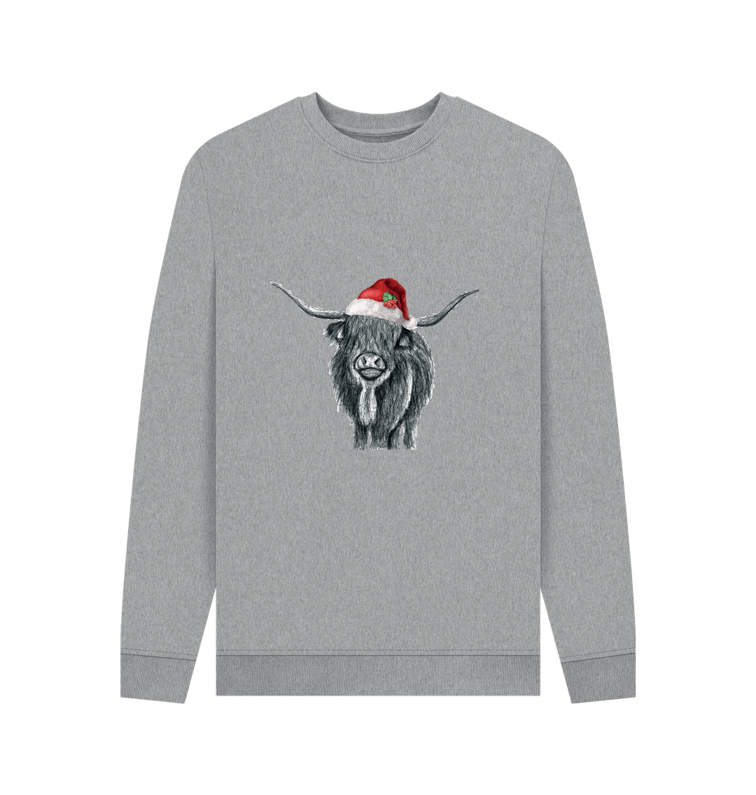Light Heather Men's Crew Neck Festive Highland Cow Sweater Certified Organic Cotton