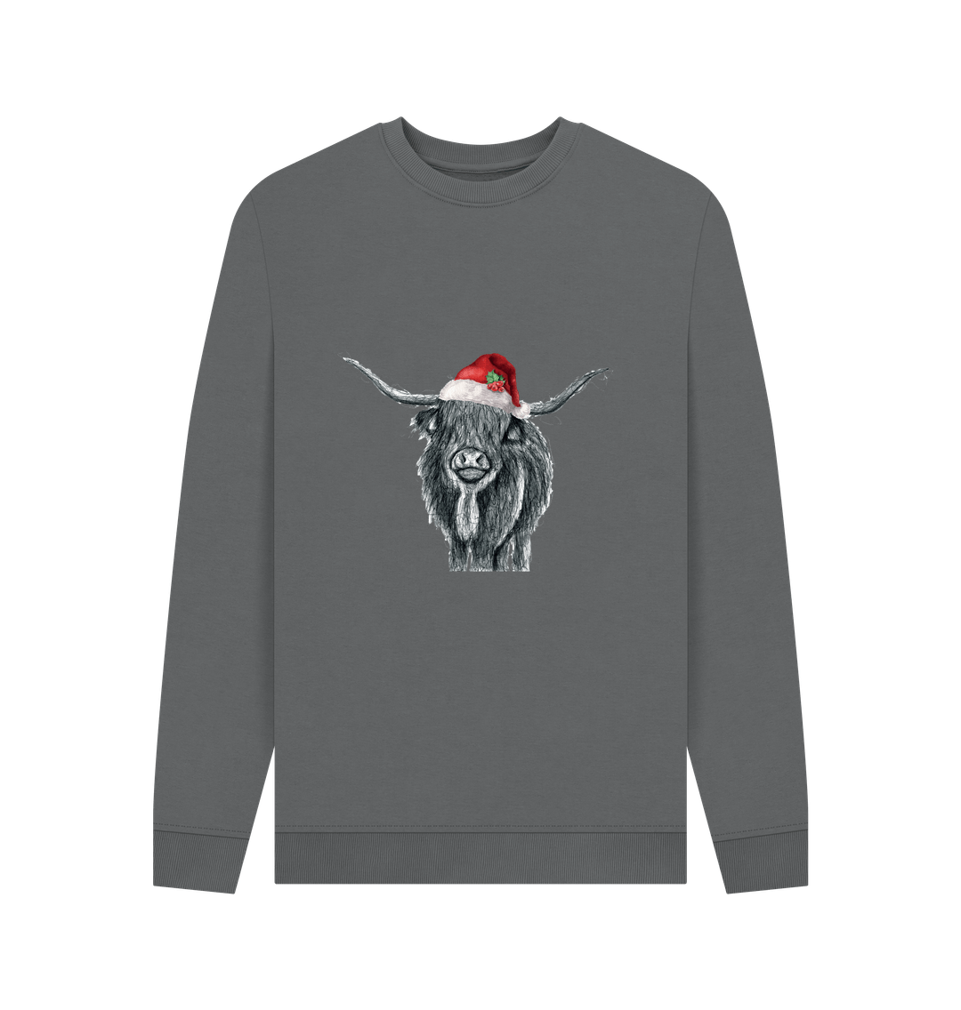 Slate Grey Men's Crew Neck Festive Highland Cow Sweater Certified Organic Cotton
