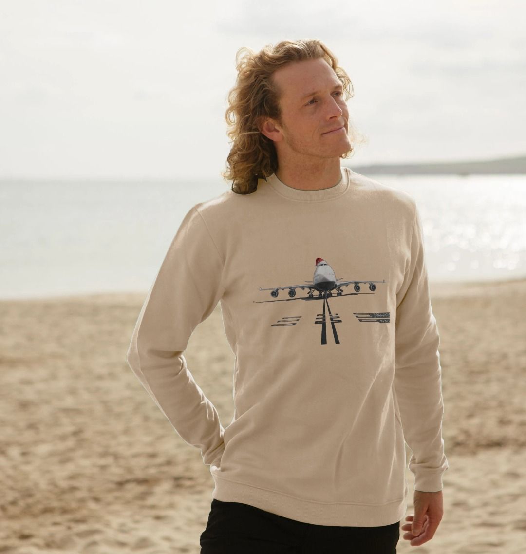 Men's Crew Neck Festive 747 Aircraft Sweater Certified Organic Cotton