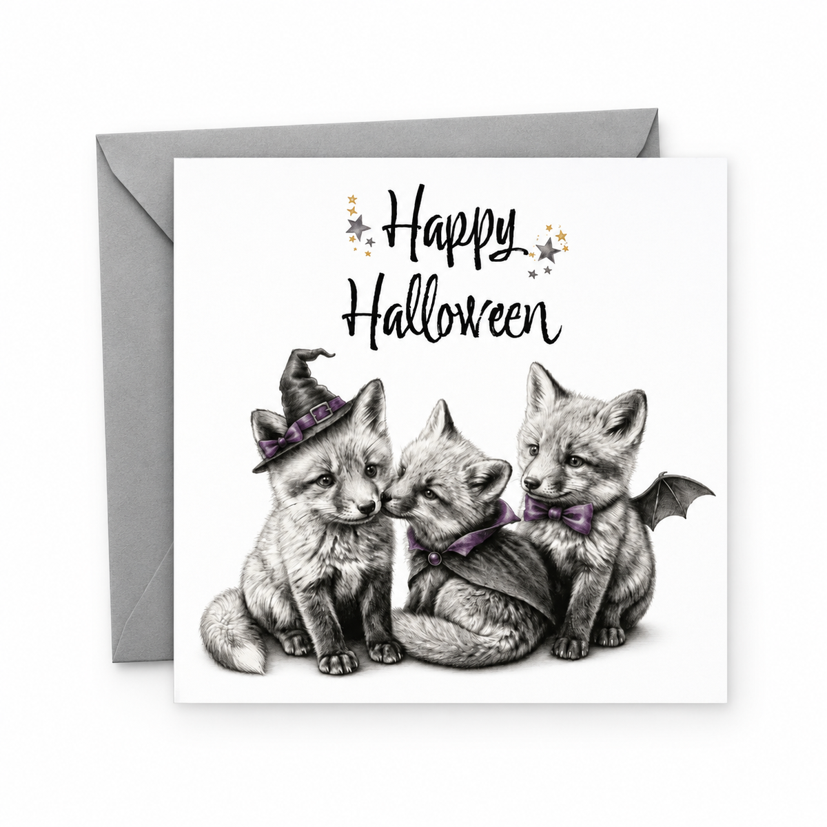 3 Little Foxes Halloween Card | Cute Halloween Greeting Card — complete card with grey envelope