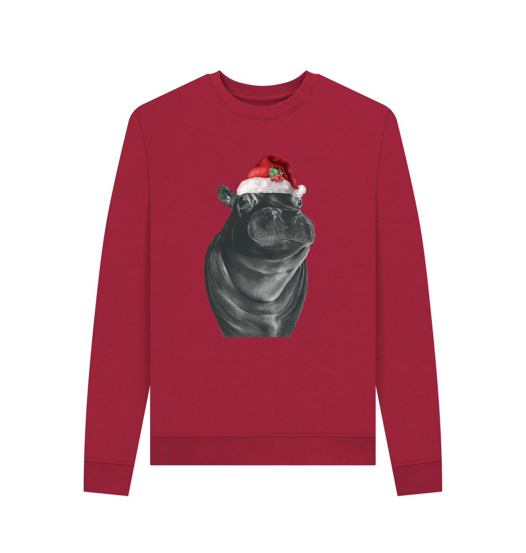 Cherry Women's Crew Neck Festive Hippo Sweater Certified Organic Cotton
