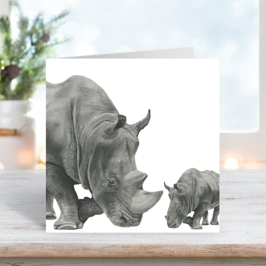 A Hand Drawn Rhino and Baby Greeting Card From Libra Fine Arts