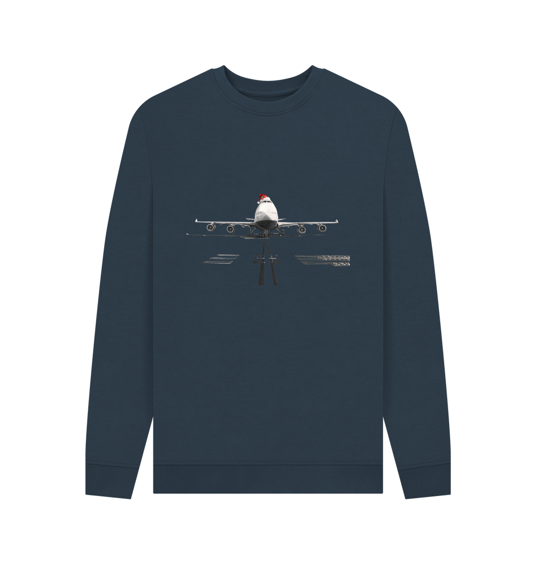 Navy Blue Men's Crew Neck Festive 747 Aircraft Sweater Certified Organic Cotton