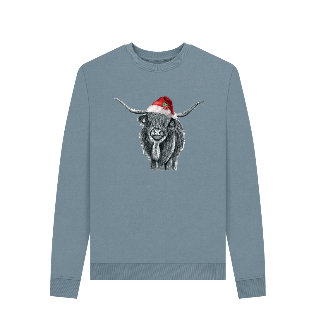 Stone Blue Woman's Crew Neck Festive Highland Cow Sweater Certified Organic Cotton