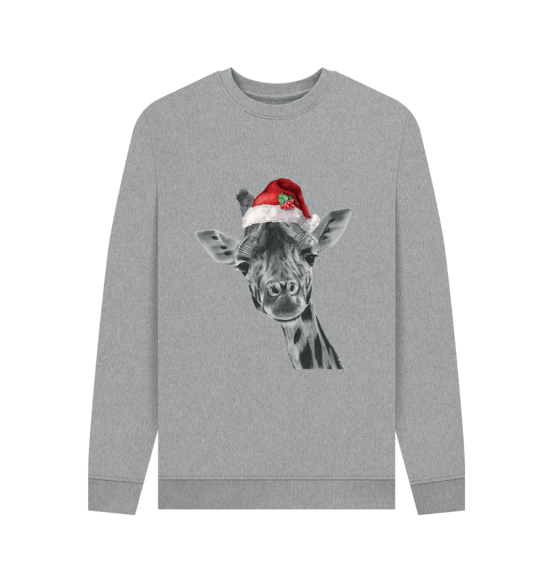 Light Heather Men's Crew Neck Festive Giraffe Sweater Certified Organic Cotton
