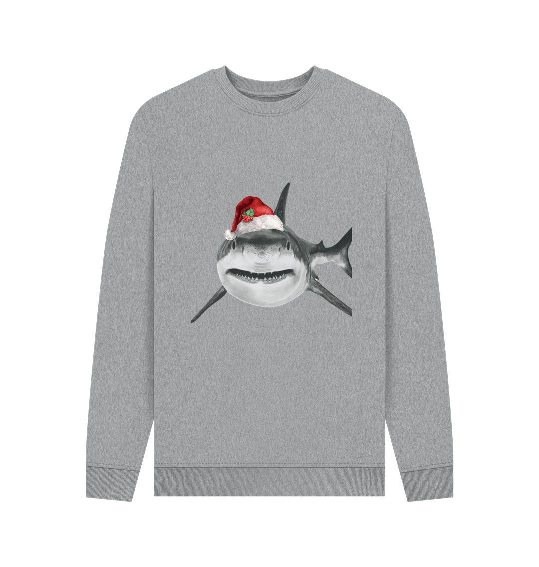 Light Heather Men's Crew Neck Festive Shark Sweater Certified Organic Cotton
