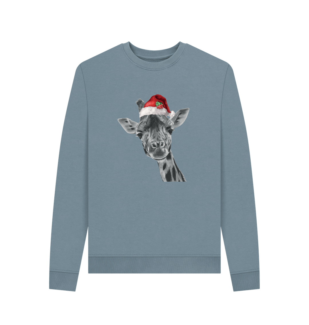 Stone Blue Women's Crew Neck Festive Solo Giraffe Sweater Certified Organic Cotton