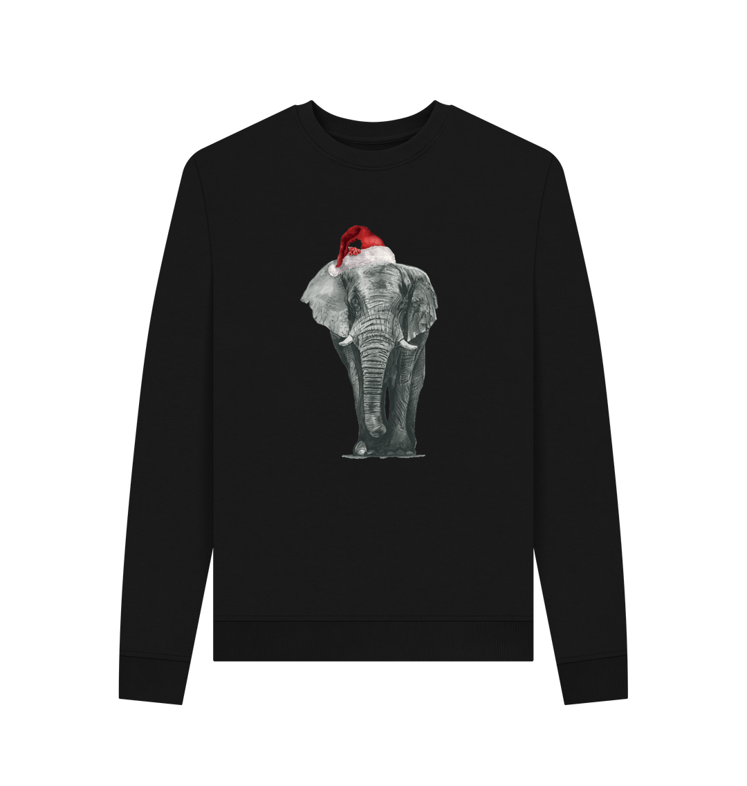 Black Women's Crew Neck Festive Elephant Sweater Certified Organic Cotton