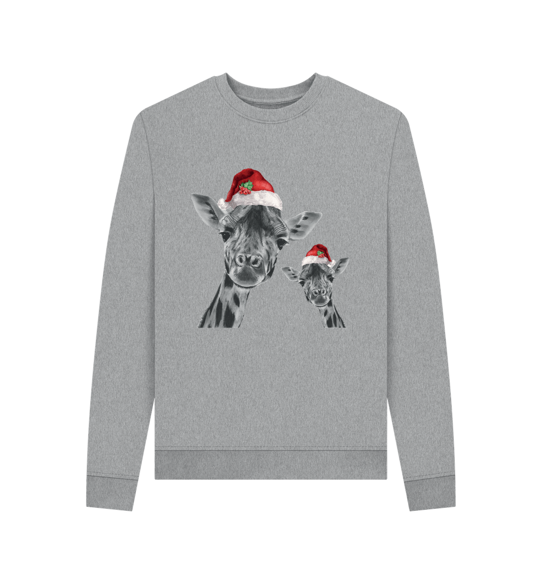 Light Heather Women's Crew Neck Festive Giraffe and Baby Sweater Certified Organic Cotton