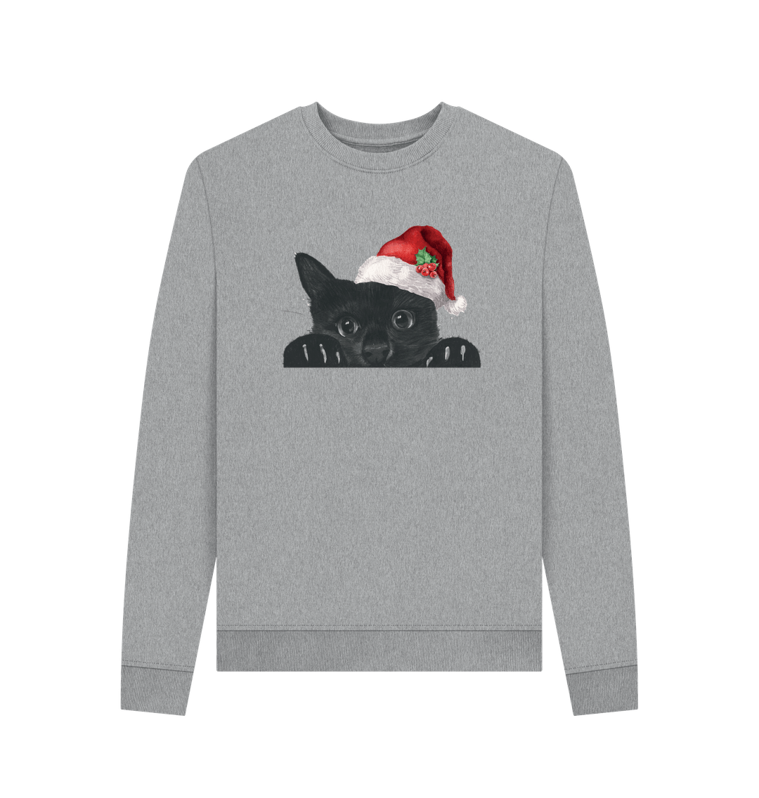 Light Heather Woman's Crew Neck Festive Cat Sweater Certified Organic Cotton