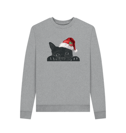 Light Heather Woman's Crew Neck Festive Cat Sweater Certified Organic Cotton