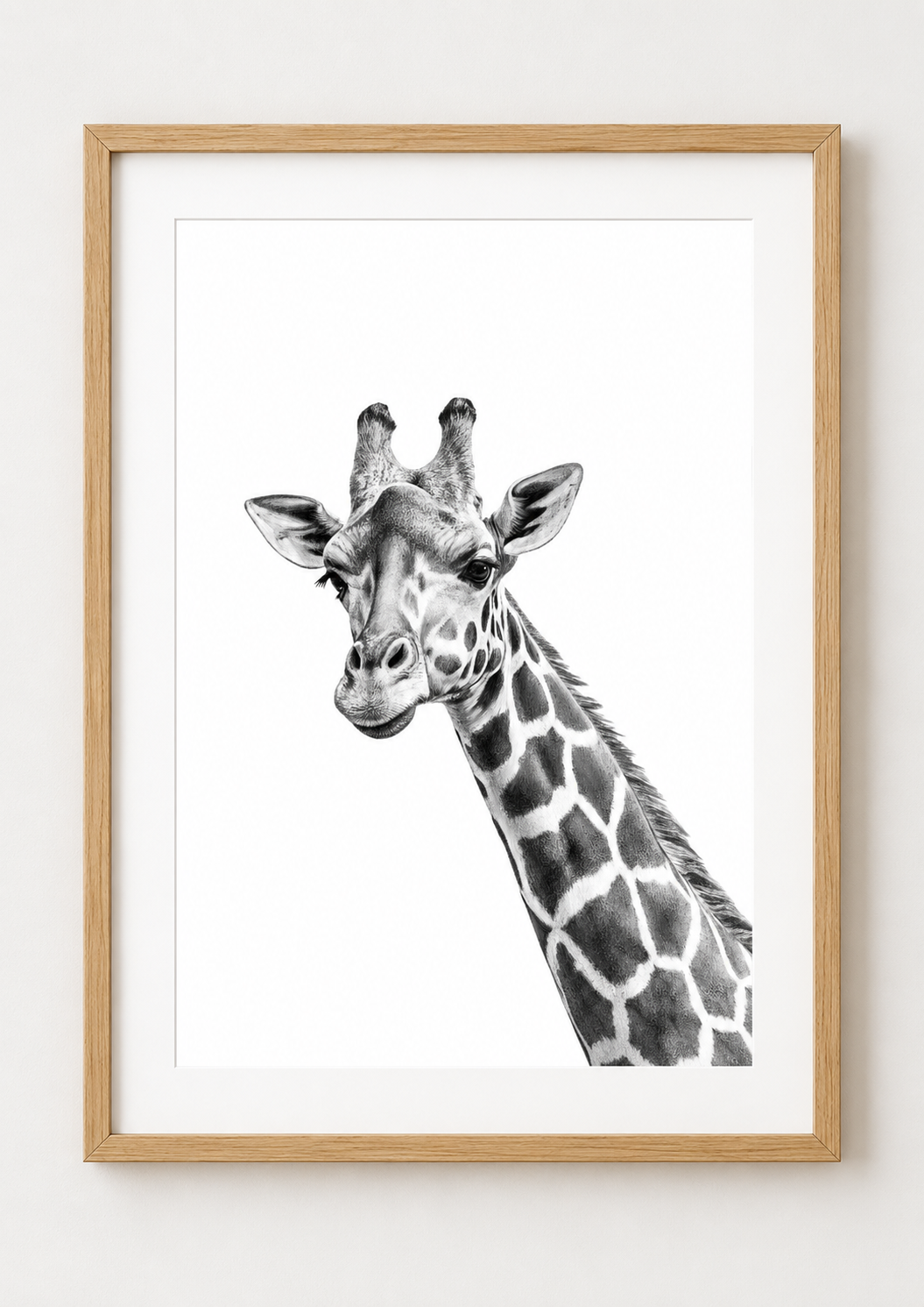 Giraffe Fine Art Print – Elegant Hand-Drawn Wildlife Illustration — rectangular A4/A3 oak frame mockup