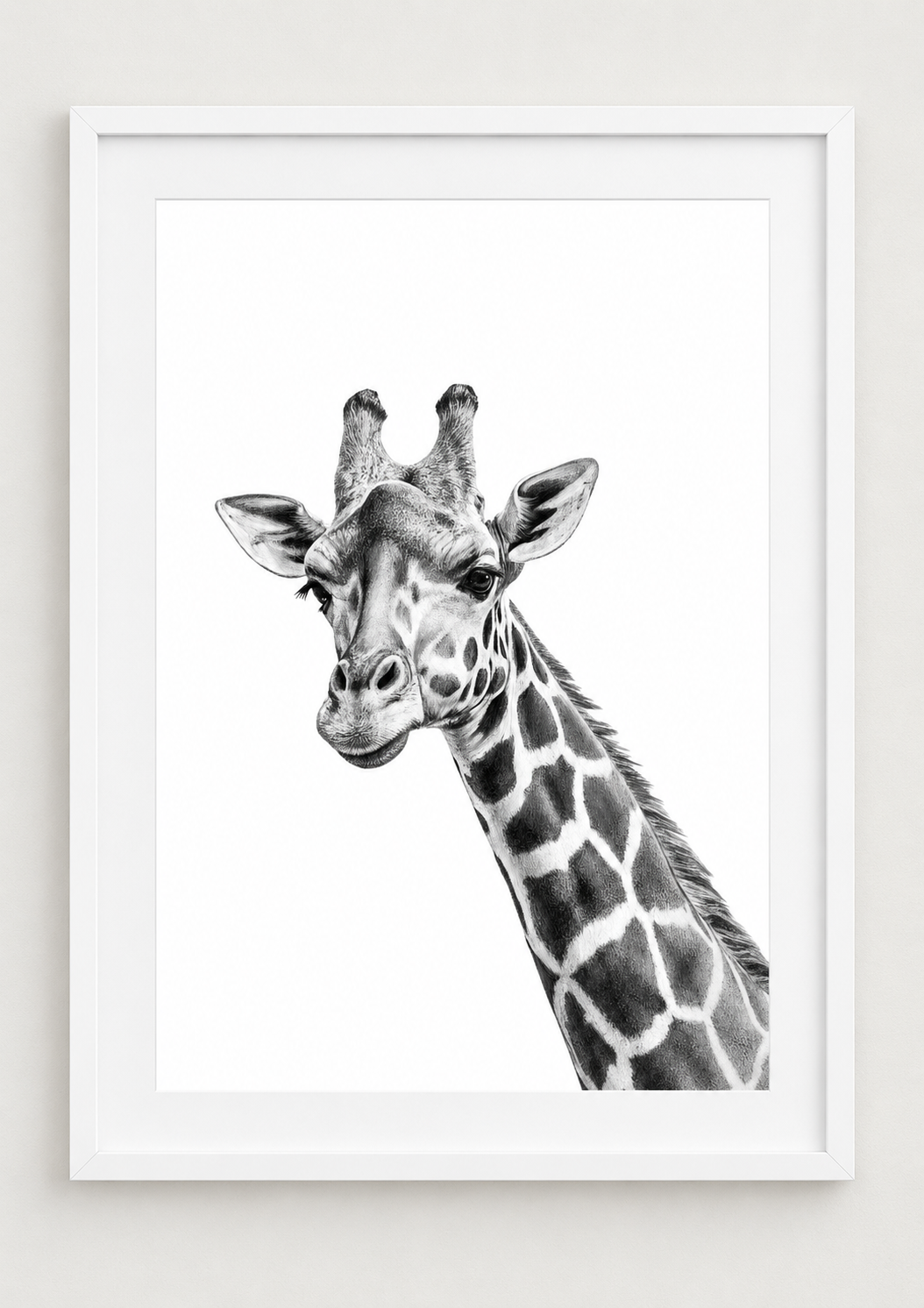 Giraffe Fine Art Print – Elegant Hand-Drawn Wildlife Illustration — rectangular A4/A3 white frame mockup