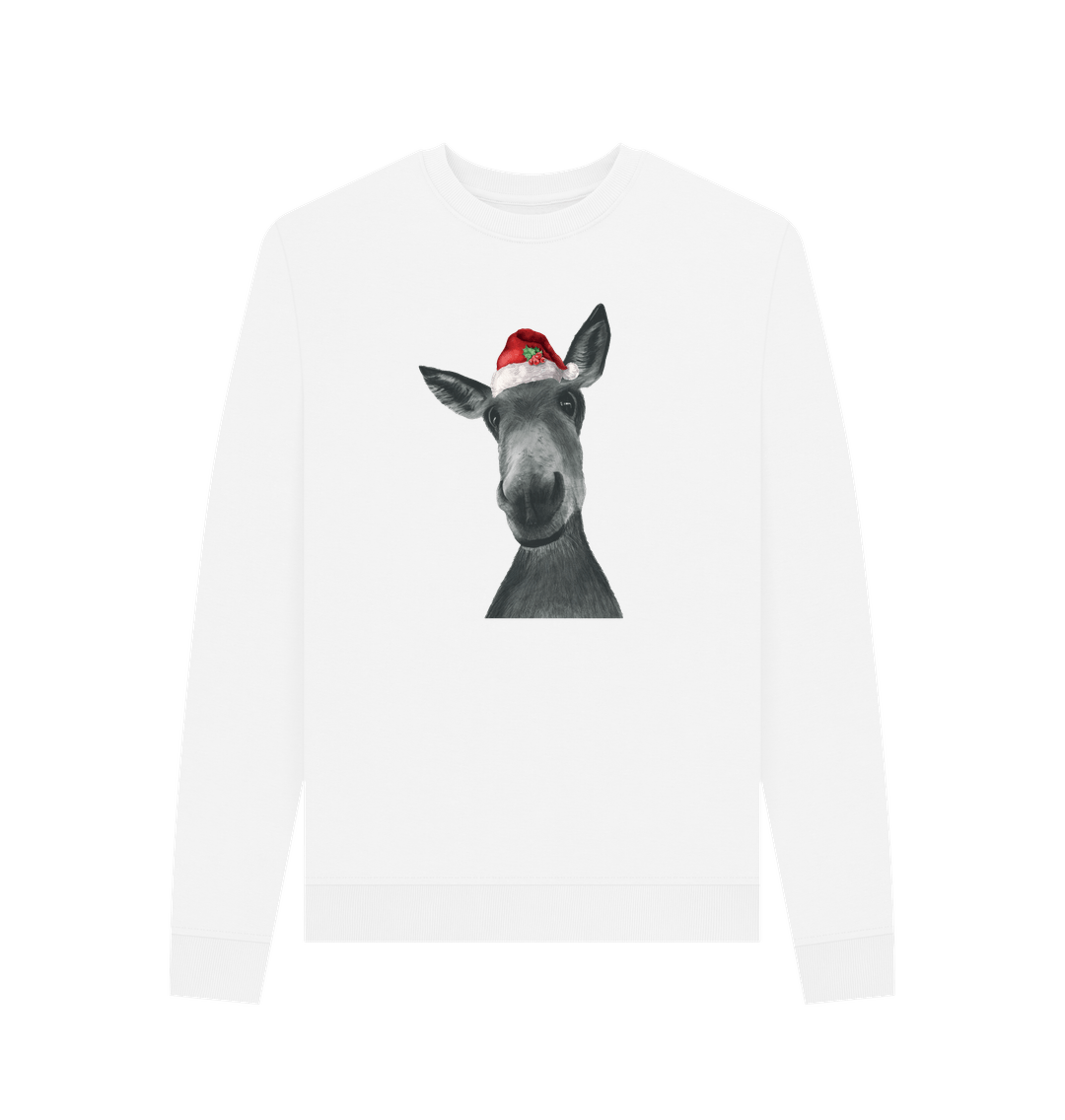 White Women's Crew Neck Festive Donkey Sweater Certified Organic Cotton