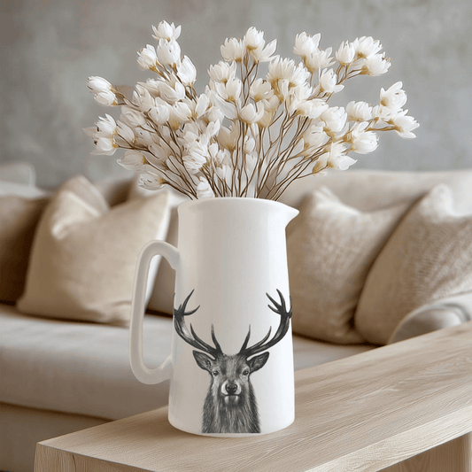 Fine bone china jug featuring a hand-drawn majestic stag, ideal for nature lovers.