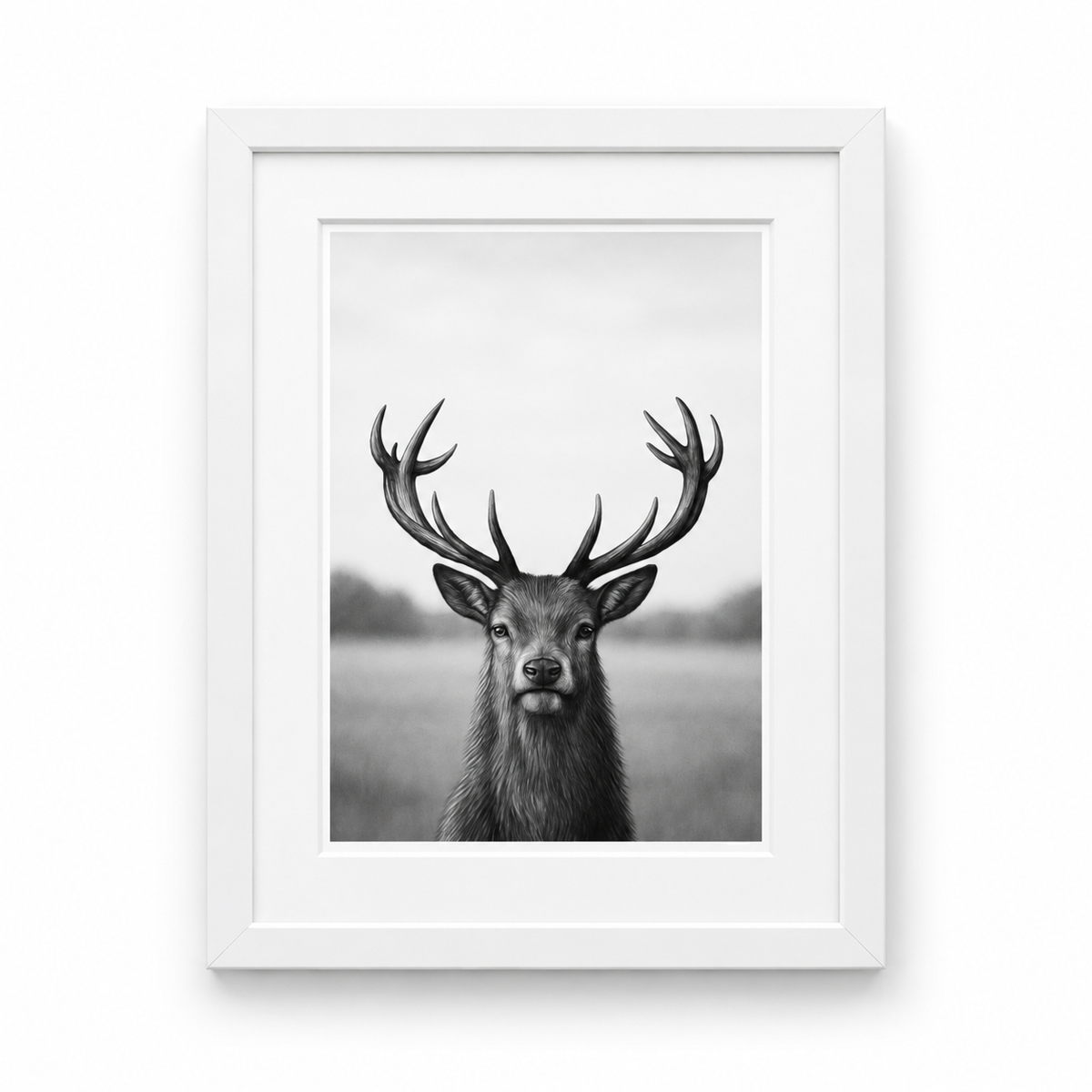 The Stag Fine Art Print – Hand-Drawn Majestic Wildlife Illustration – white frame with white mount
