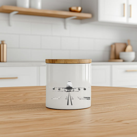 Bone china storage jar featuring a detailed hand-drawn 747 aircraft design, perfect for tea, coffee, sugar, or biscuit storage, proudly made in the UK.