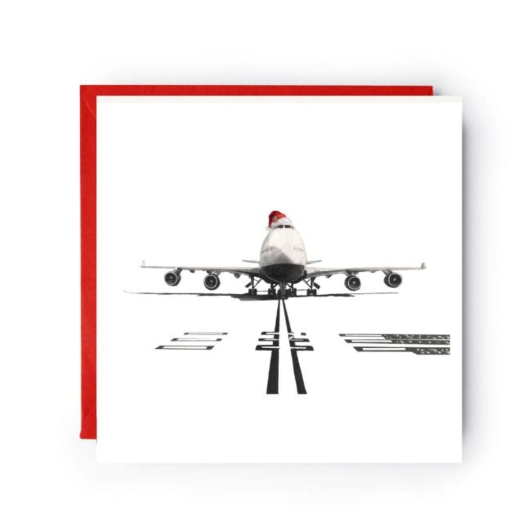 Hand-drawn 747 aircraft wearing a festive Santa hat for a Christmas greeting card.