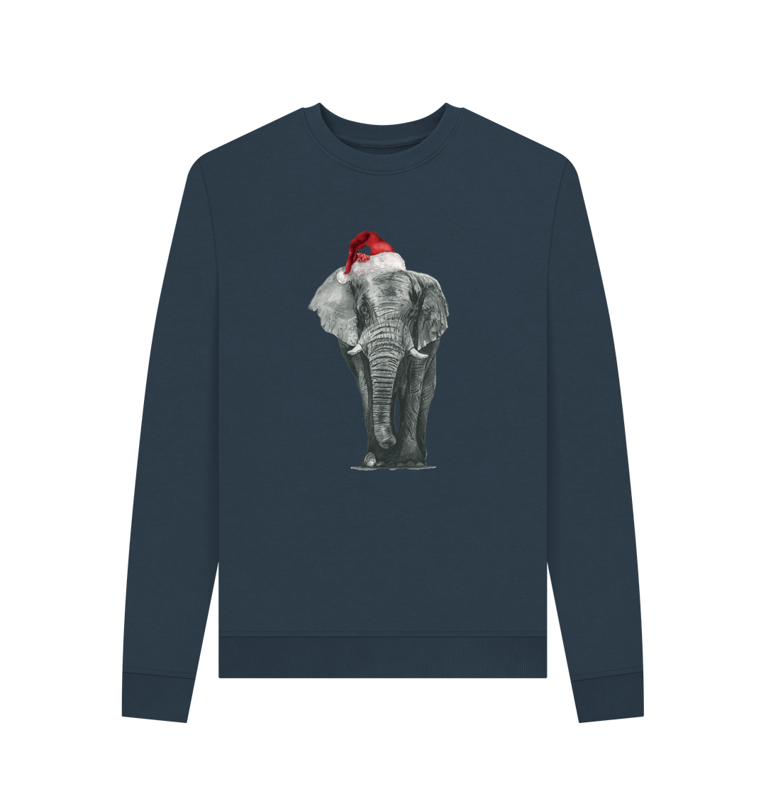 Navy Blue Women's Crew Neck Festive Elephant Sweater Certified Organic Cotton
