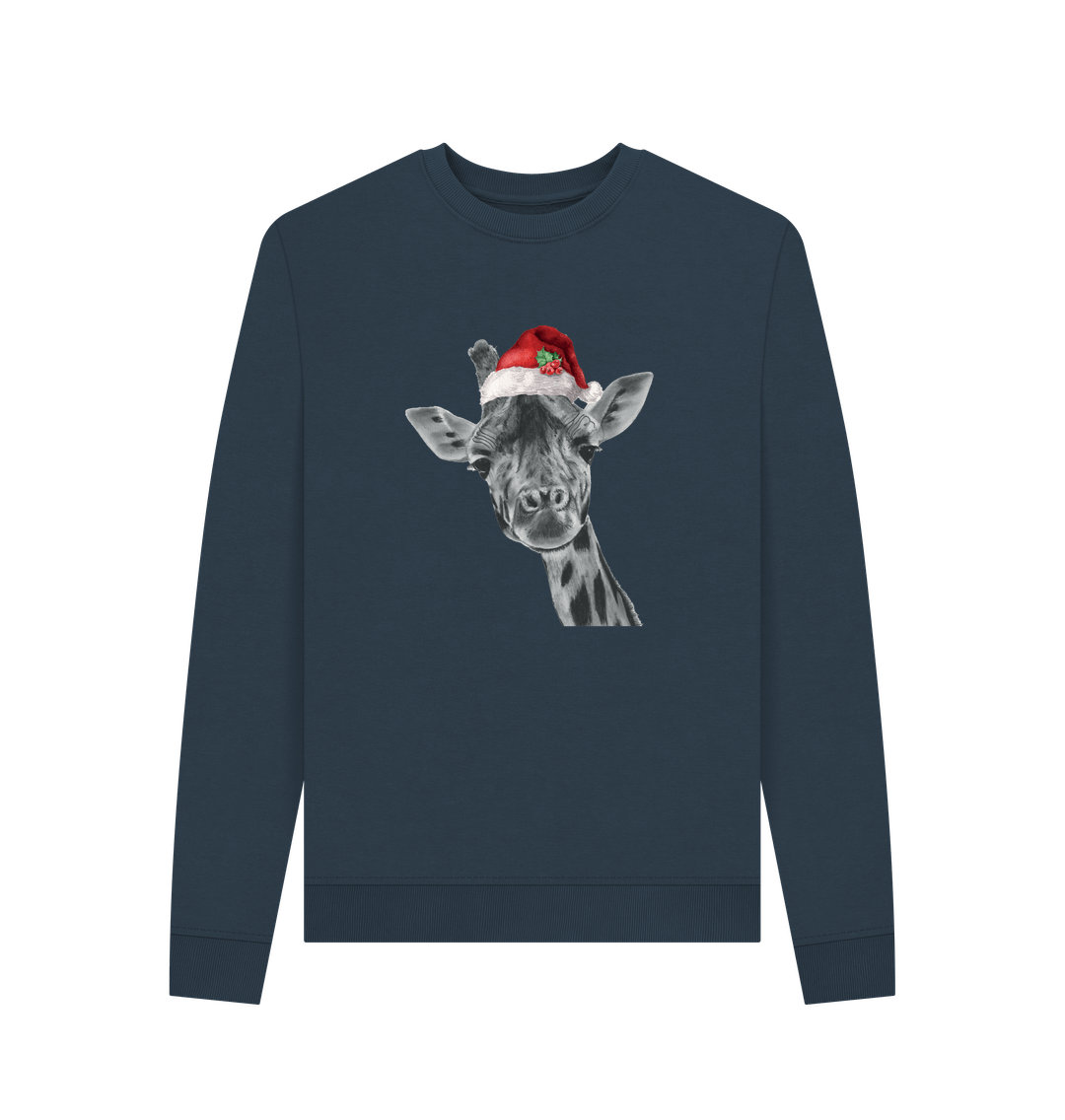 Navy Blue Women's Crew Neck Festive Solo Giraffe Sweater Certified Organic Cotton