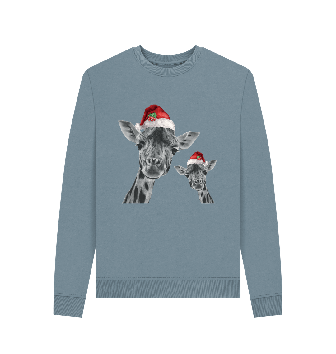 Stone Blue Women's Crew Neck Festive Giraffe and Baby Sweater Certified Organic Cotton