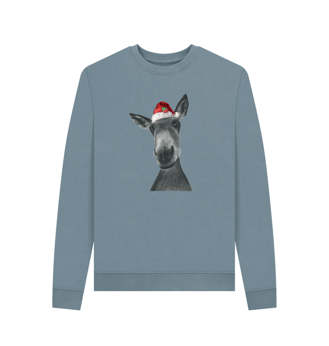 Stone Blue Women's Crew Neck Festive Donkey Sweater Certified Organic Cotton