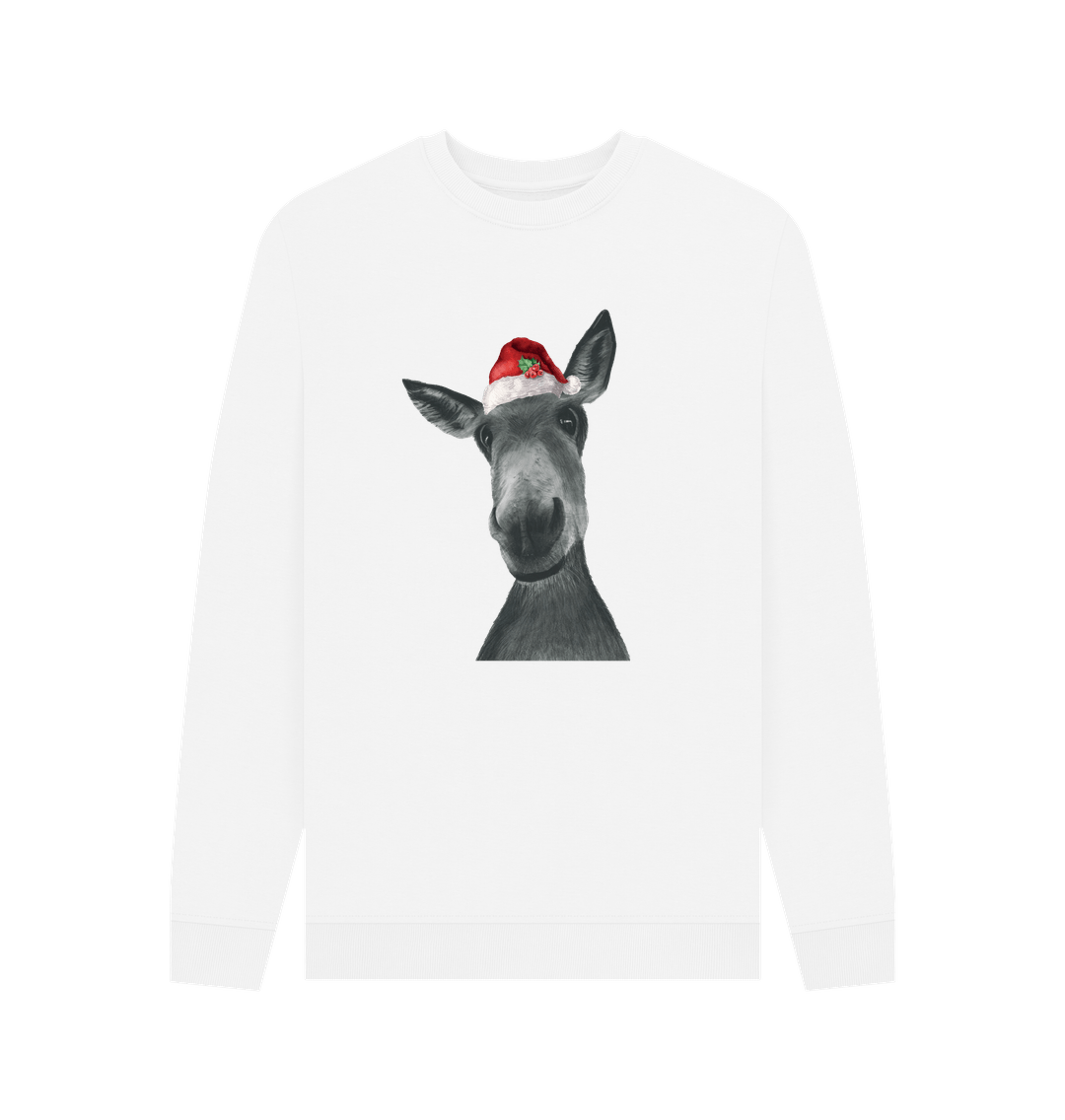 White Men's Crew Neck Festive Donkey Sweater Certified Organic Cotton