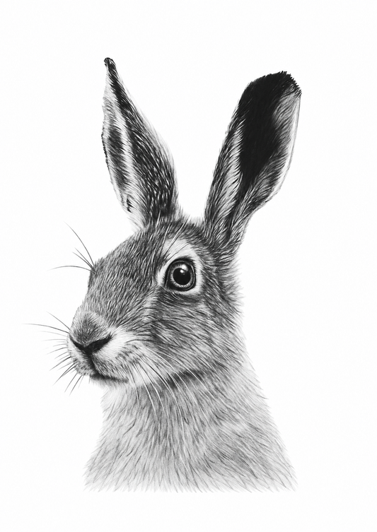 Hand-Drawn Hare Fine Art Print - Intricate Wildlife Art for Gifting — rectangular A4/A3 print artwork