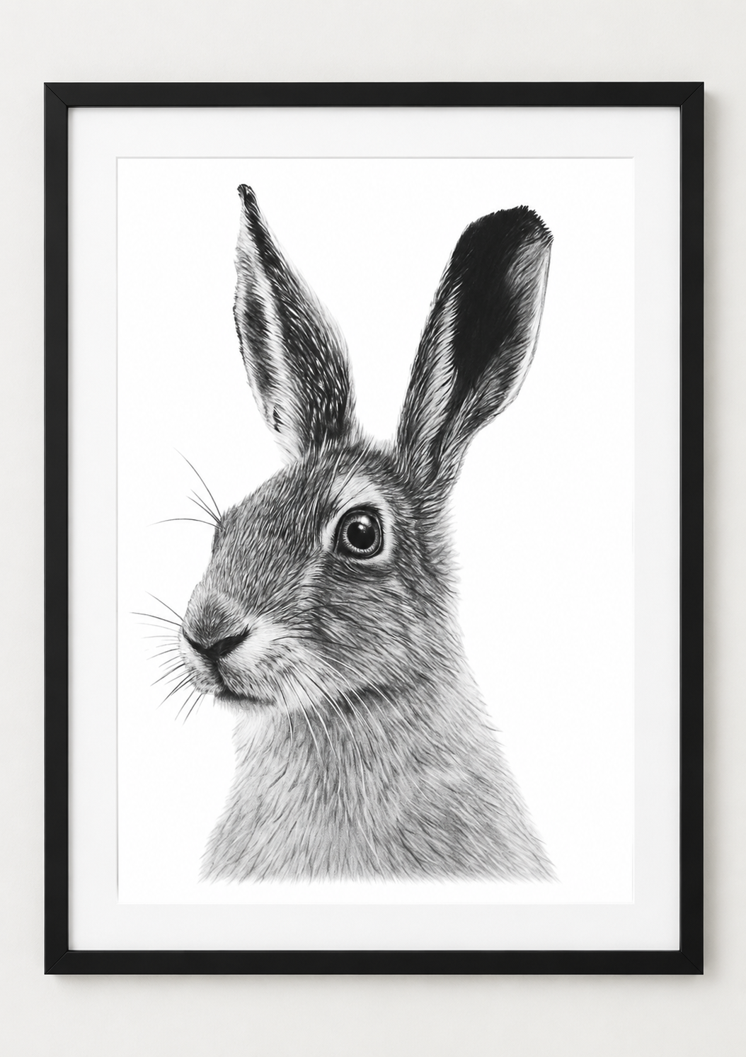 Hand-Drawn Hare Fine Art Print - Intricate Wildlife Art for Gifting — rectangular A4/A3 black frame mockup