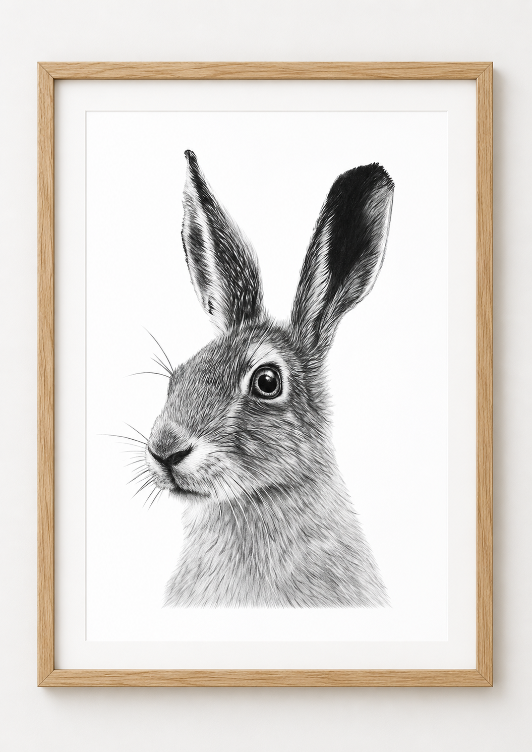 Hand-Drawn Hare Fine Art Print - Intricate Wildlife Art for Gifting — rectangular A4/A3 oak frame mockup
