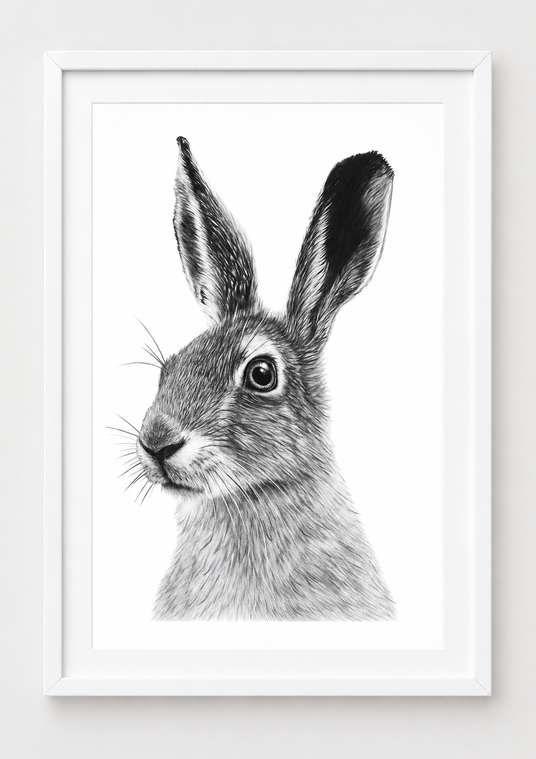 Hand-Drawn Hare Fine Art Print - Intricate Wildlife Art for Gifting — rectangular A4/A3 white frame mockup