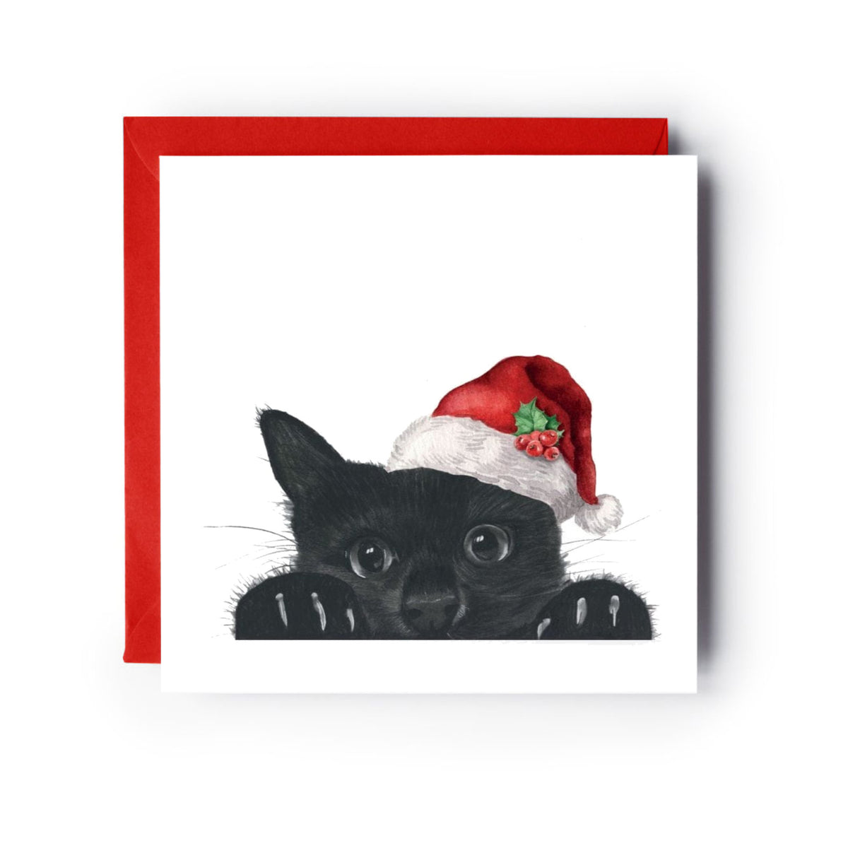 Sansuna the Peeking Cat Santa Hat Festive Christmas Card — card with red envelope