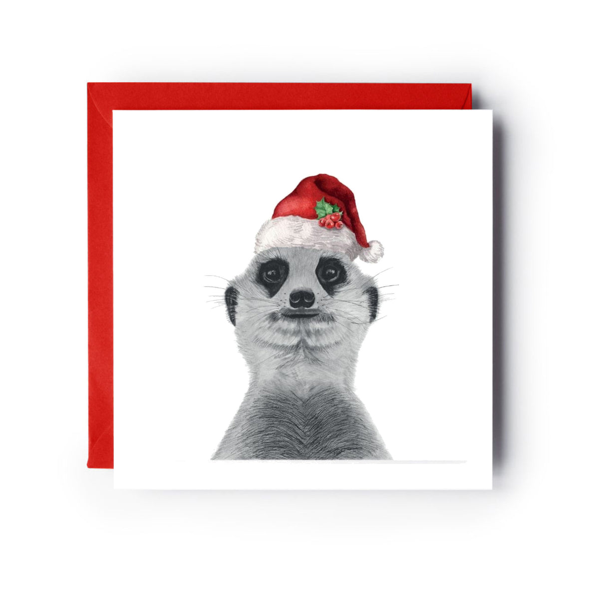 Myra the Meerkat Santa Hat Festive Christmas Card — card with red envelope