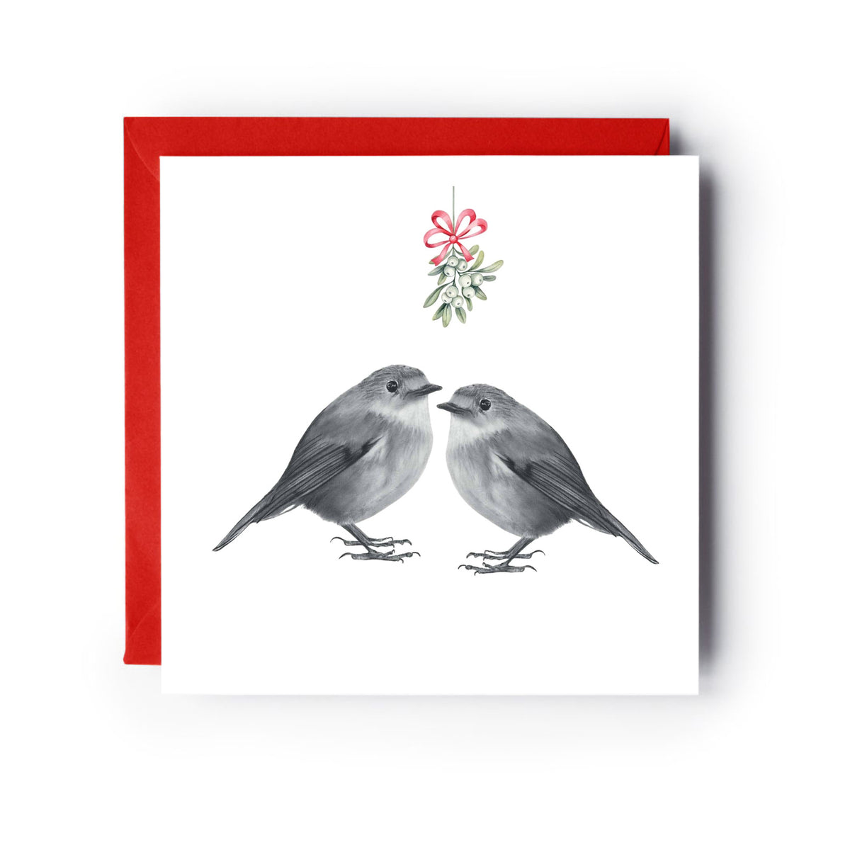 Robin Kisses Mistletoe Festive Christmas Card — card with red envelope
