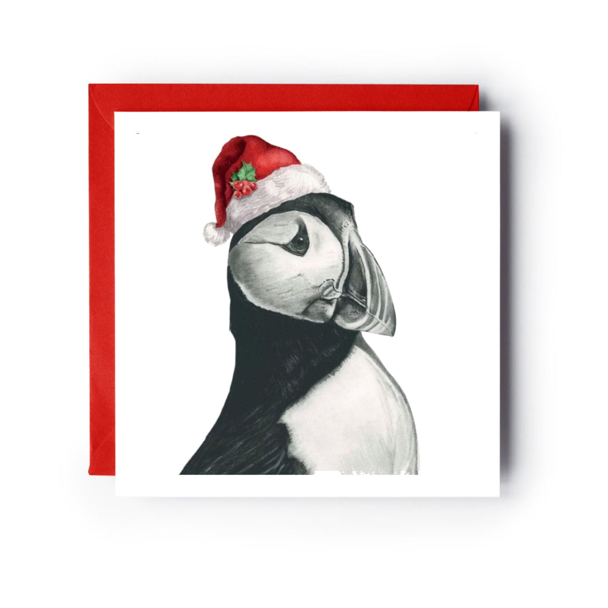 Vela the Puffin Santa Hat Festive Christmas Card — card with red envelope