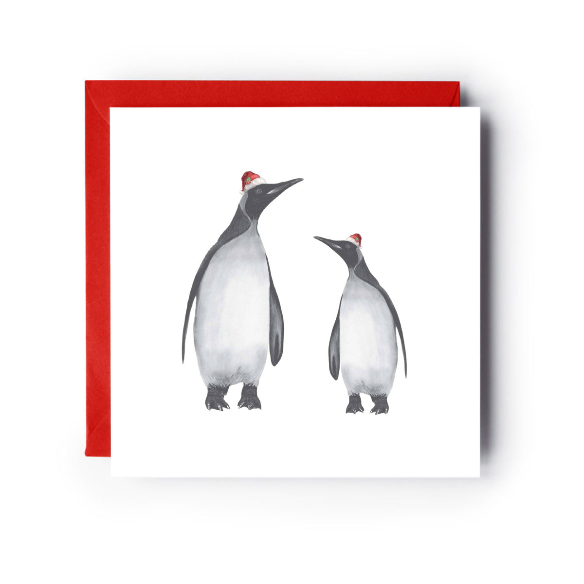 Alya and Baby Penguin Red Hat Festive Christmas Card — card with red envelope