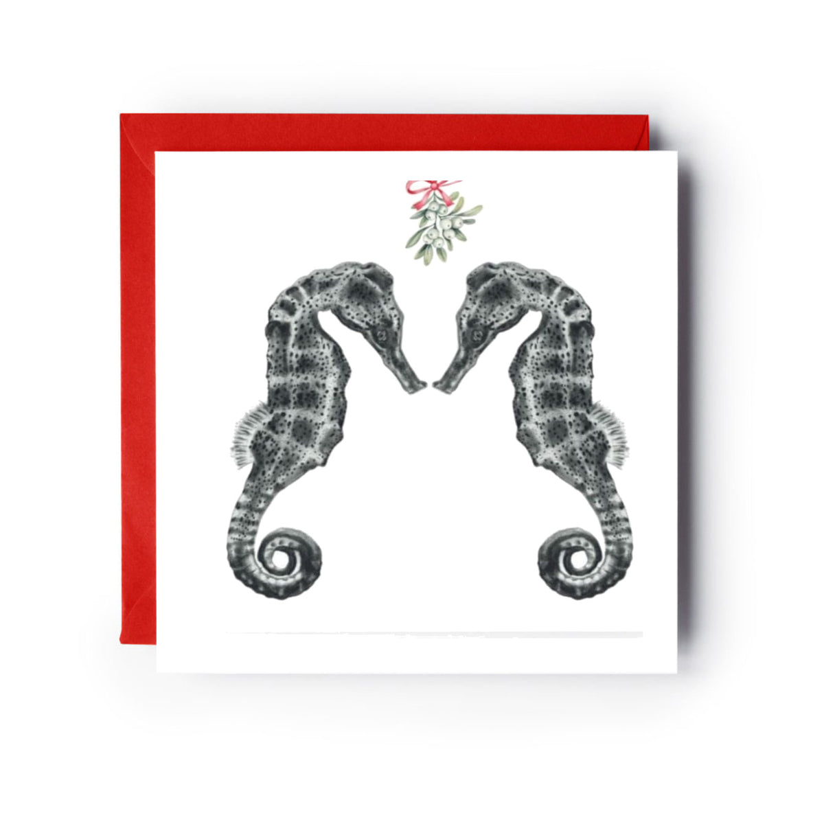 Diya the Seahorse and Friend Festive Mistletoe Christmas Greeting Card — card with red envelope