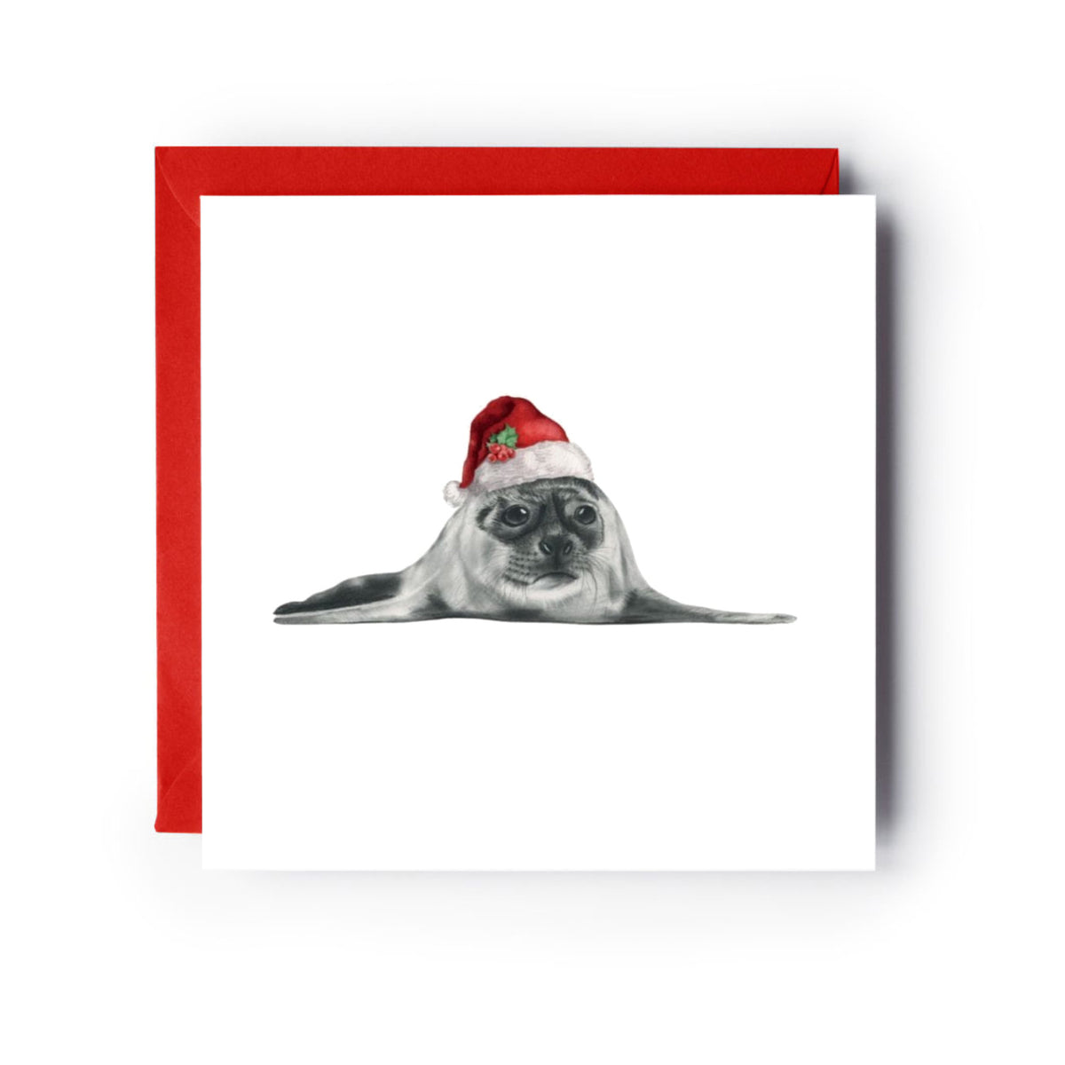 Ara the Seal Festive Christmas Hat Greeting Card — card with red envelope