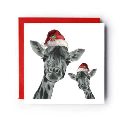 Giraffe and Baby Festive Red Hat Christmas Card — card with red envelope
